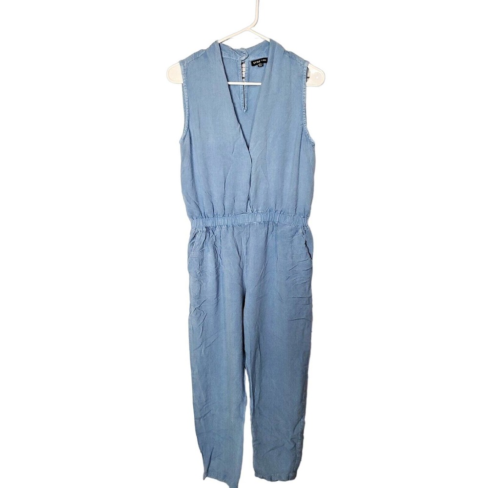 Style Envy‎ Sleeveless Jumpsuit Chambray Womans Size Large Pockets Vneck Blue